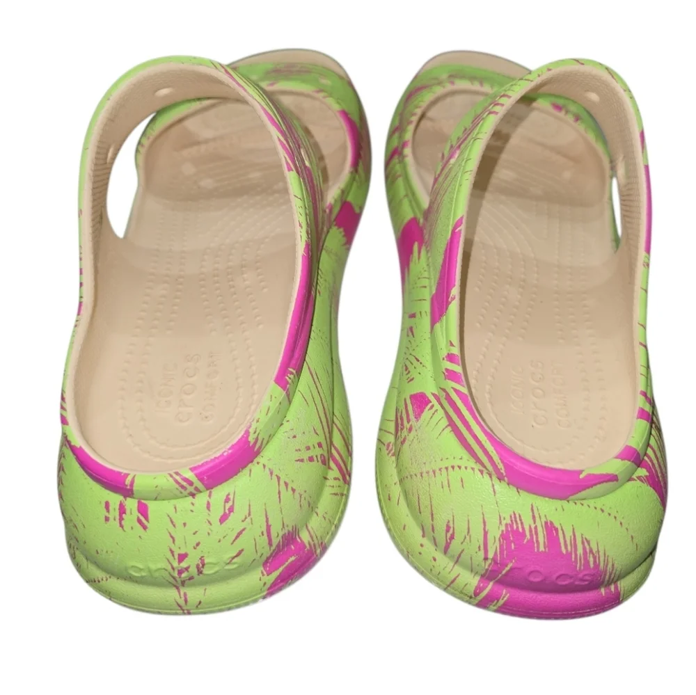 Crocs Crush Sandals Bold Green Pink Print 2 Strap Chunky Platforms 8 Women